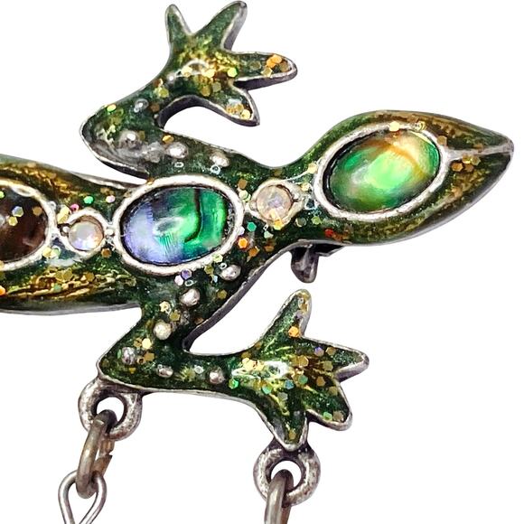 Vintage Green Enamel Gecko Lizard Brooch Abalone Shell Inlay Dangle Figural Pin - Picture 2 of 10